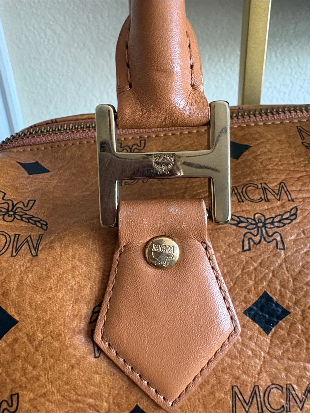 MCM COGNAC VISETOS BOSTON SATCHEL / TOP HANDLE BAG